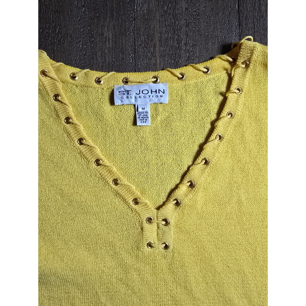 St. John Collection Yellow Knit Lace Up V-Neck Grommet Top Medium